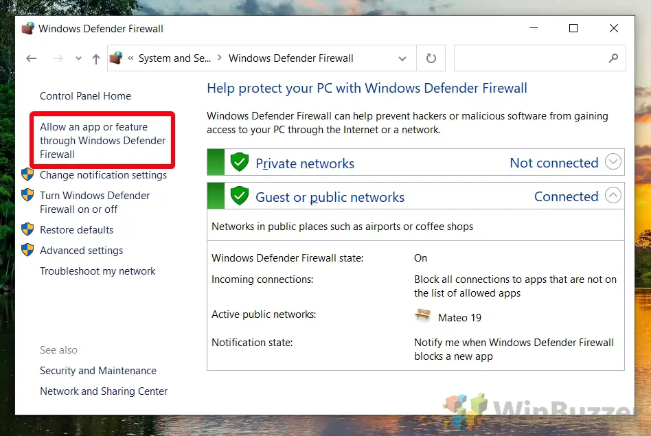 Allow an app or feature through Windows Firewall