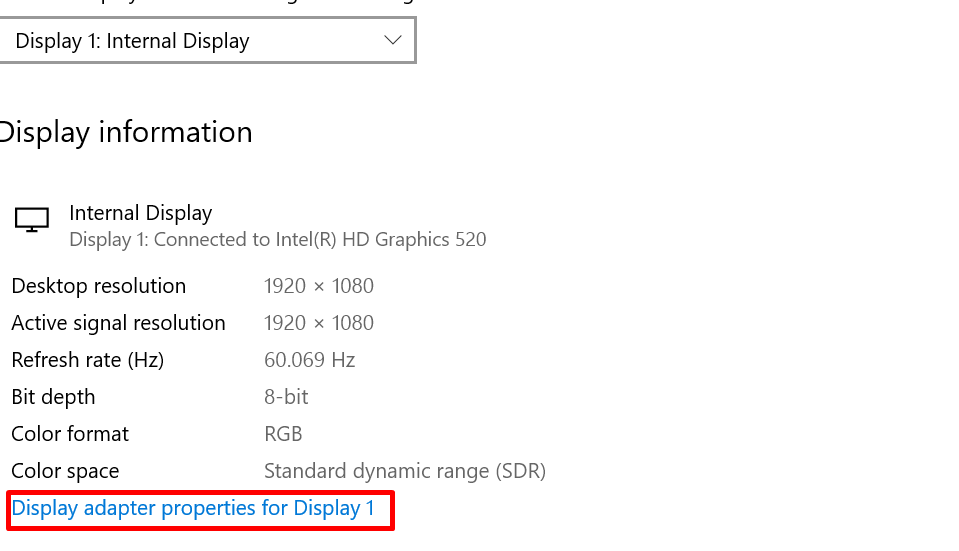 Display Adapter Properties for Display 1